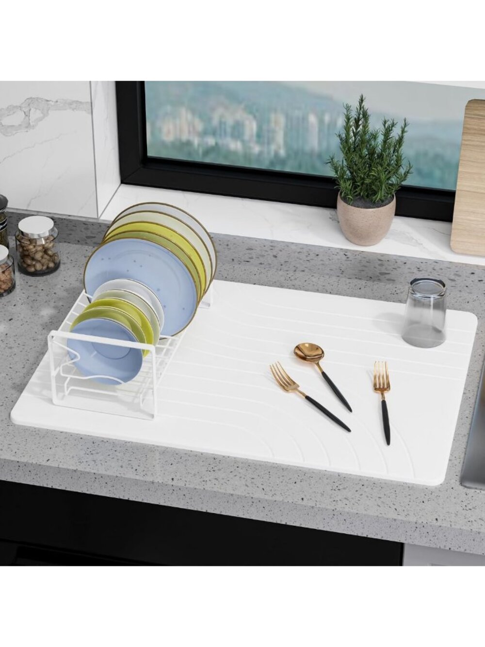 Extra Large Kitchen Drying Mat, 24x16, Absorbent Stone, Quick-Dry, White